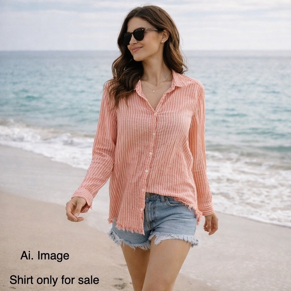 Linen Red Striped Button-Down beach Shirt